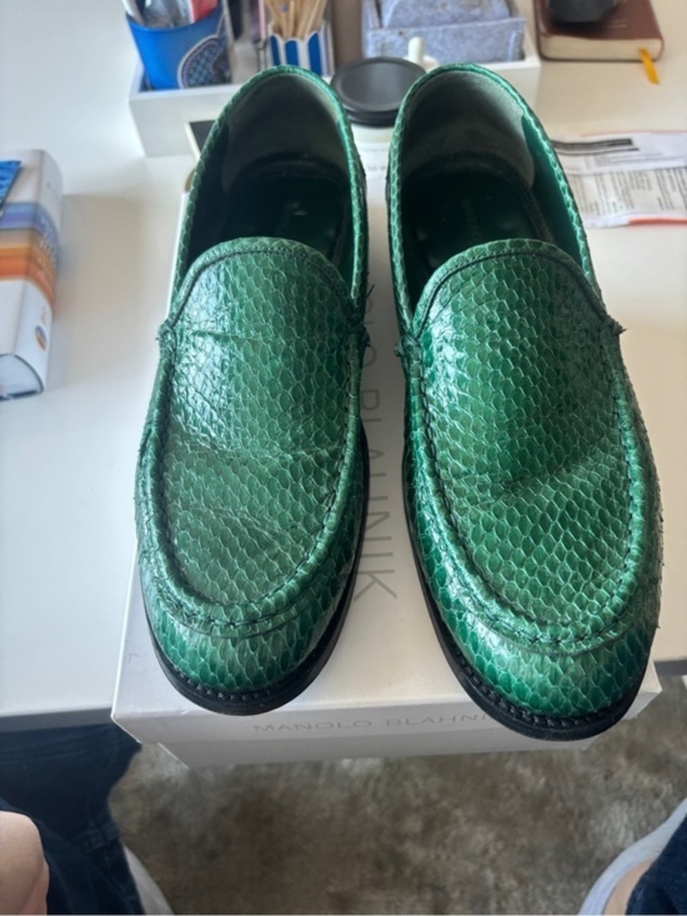 Manolo Blahnik Green Snake Skin Leather Loafers Size 42